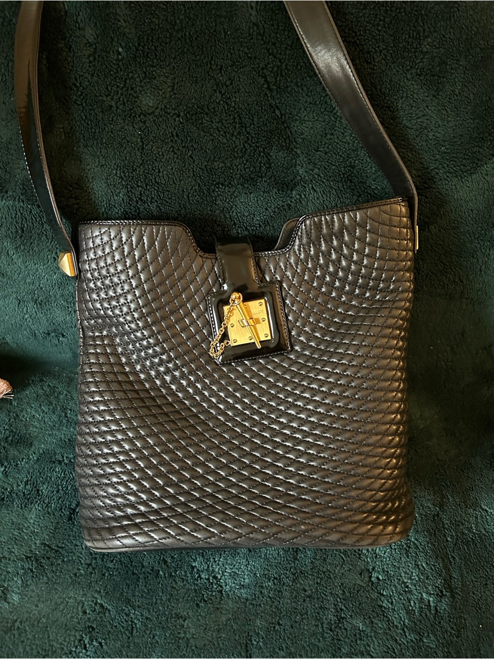 Bally Black Quilted Chain Stud Shoulder Bag Gold Hardware Lock Accent